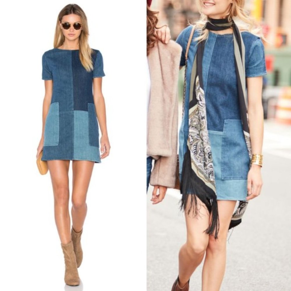 J Brand Women's Luna Patchwork Denim Shift Mini Dress with Pockets Size Ss